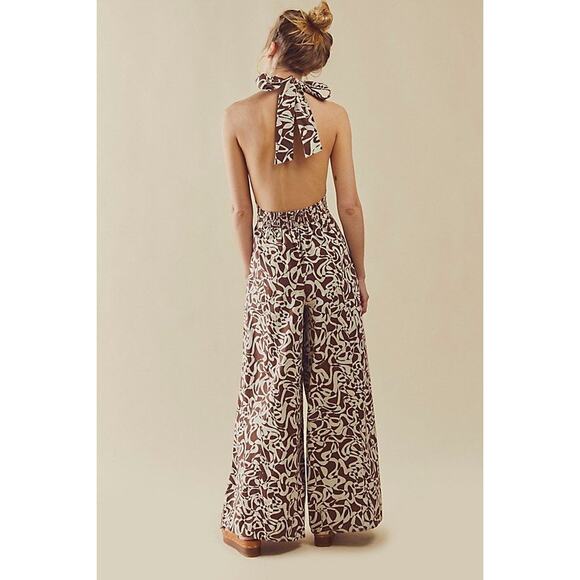 New Free People Kira Retro Style Wide-Leg Jumpsuit $148 MEDIUM Brown Abstract - Picture 2 of 3
